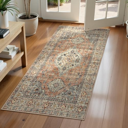 Lahome Oriental Small Area Rug, 2x4 Soft Washable Rugs for Entryway Kitchen, Non-Slip Ultra-Thin Fall Indoor Door Mat Distressed Vintage Small Carpet for Bathroom Bedroom, Peach/Orange | Amazon (US)