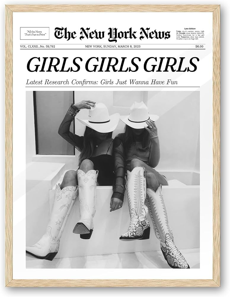 iHery Girls Just Wanna Have Fun Framed Trendy Cowgirl NewsPaper Wall Art, 12x16in Natural OAK Woo... | Amazon (US)