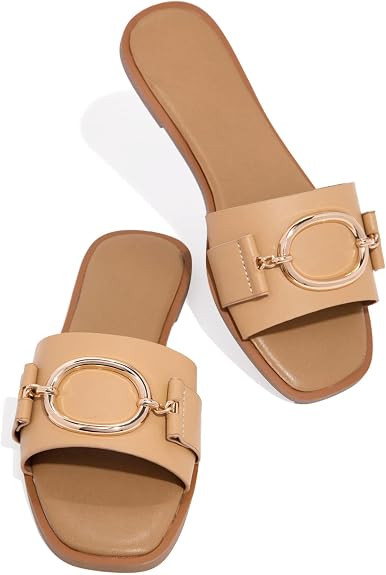 Coutgo Womens Square Toe Dressy Summer Slide Sandals Flat Low Heel Big Metal Chain Slip On Party ... | Amazon (US)