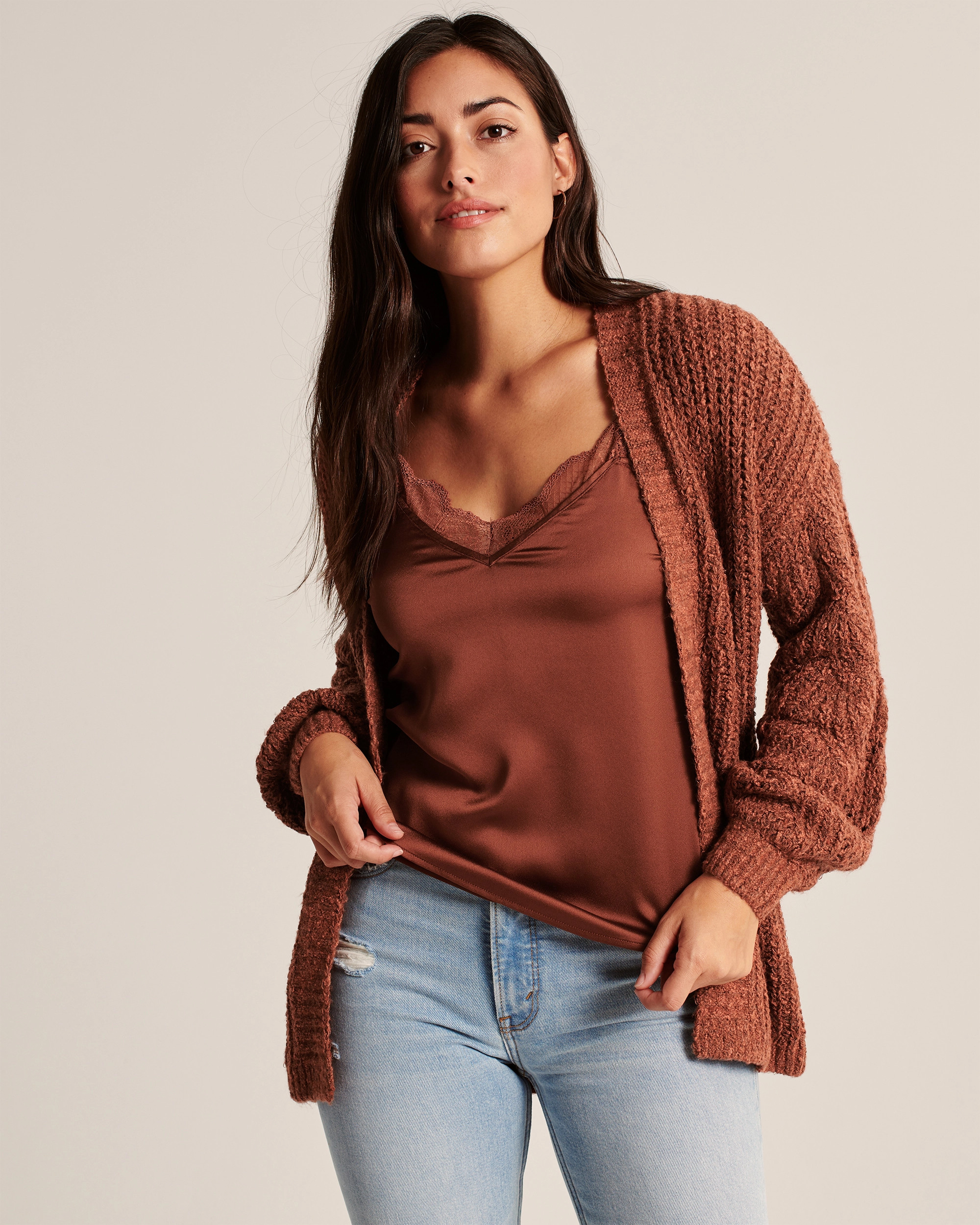 Cable Knit Puff Sleeve Cardigan | Abercrombie & Fitch (US)
