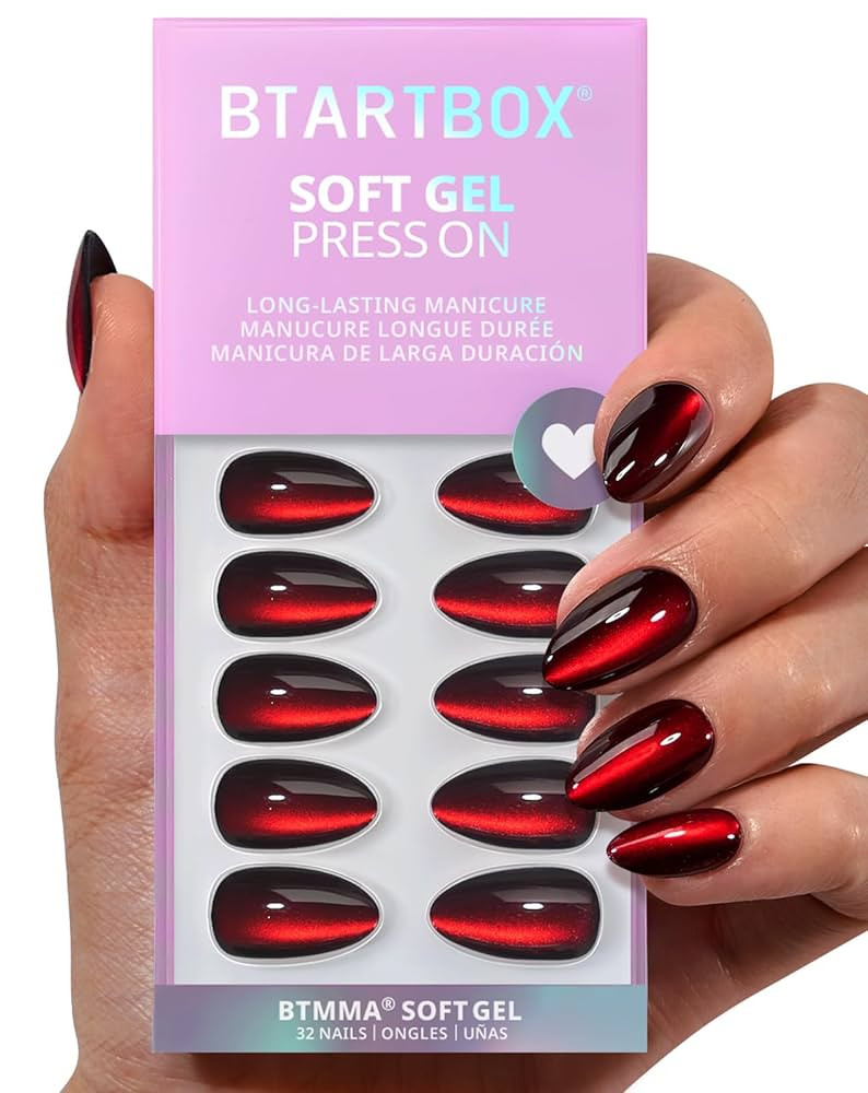 BTArtbox Press On Nails Short - Vampire's Gaze, Deep Red Cat Eye Almond Halloween Press On Nails ... | Amazon (US)
