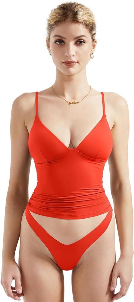 SUUKSESS Women Sexy Deep V Neck Sleeveless Fitted Basic Tops Y2K Tank Top Cami | Amazon (US)