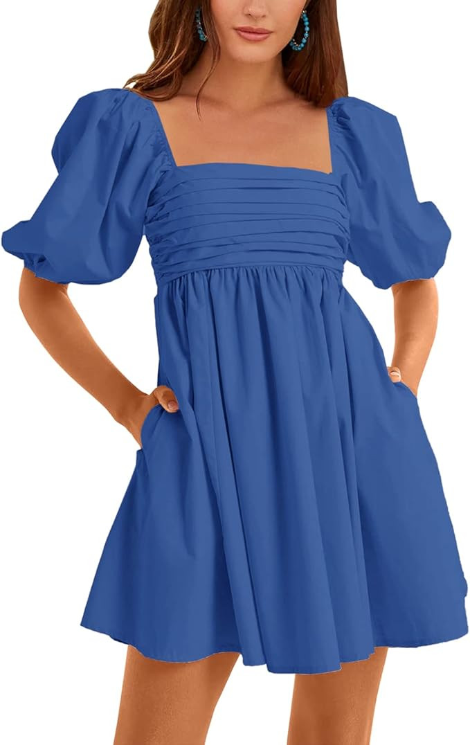 Ebifin Womens Square Neck Dresses Half Puff Sleeve High Waist A-Line Casual Backless Smocked Shor... | Amazon (US)