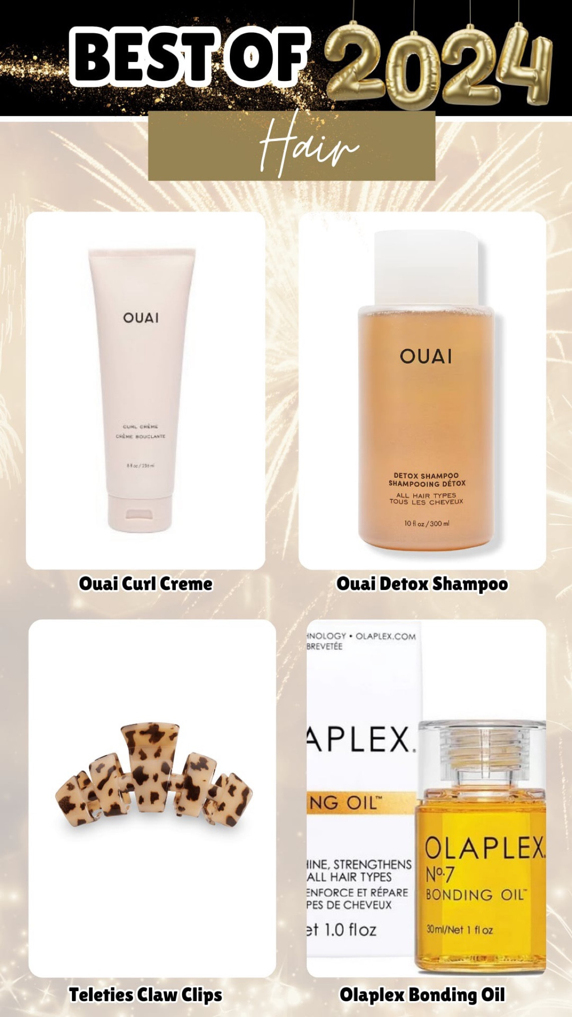 Favorite hair products I tried for the first time in 2024 😍😍😍

Loooved the detox shampoo and curl cream from OUAI! 

Then the bonding oil from Olaplex has been amazing and of course teleties claw clips are so good! I get the size medium for my fine hair (but I have a lot of it). 