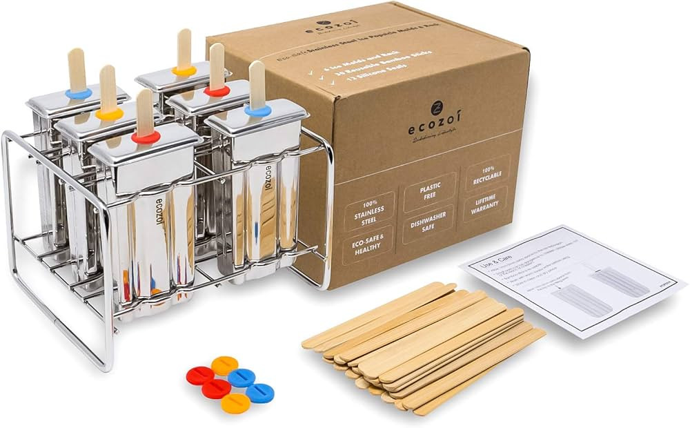 Stainless Steel Popsicle Molds and Rack - 6 Square Ice Pop Makers + 30 Reusable Bamboo Sticks + 1... | Amazon (US)