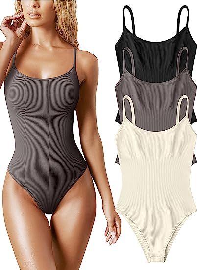 OQQ Women's 3 Piece Bodysuits Sexy Ribbed Sleeveless Adjustable Spaghetti Strip Tops Shapewear Bo... | Amazon (US)