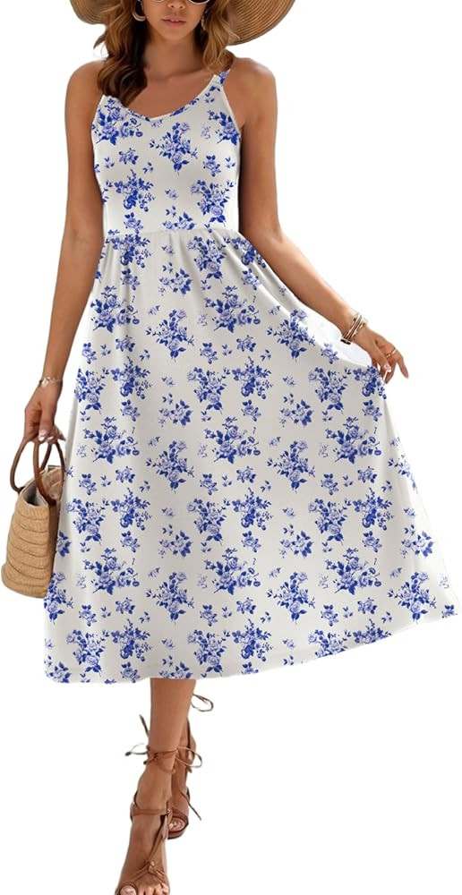 Zeagoo Womens Summer Dress Casual Flutter Boho Floral V Neck Flowy Midi A-Line Beach Vacation Sun... | Amazon (US)