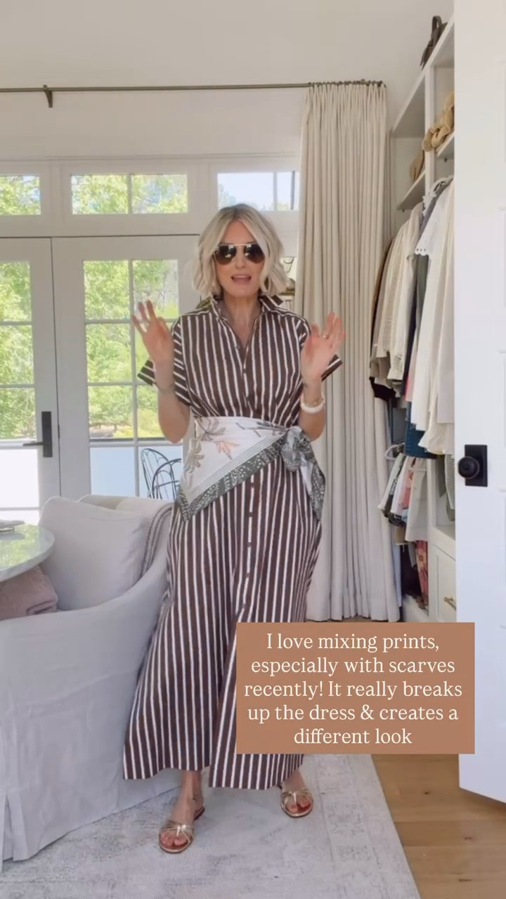 I love how this silk scarf pairs with this brown striped maxi dress! Such a cute look for spring! Wearing XS. Loverly Grey, Loft, spring fashion, spring outfit ideas, brown striped maxi dress, silk scarf

#LTKSeasonal #LTKootd