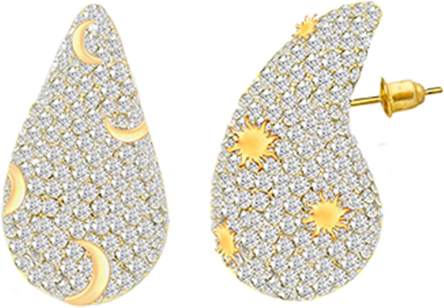 Gold Crystal Chunky Hoop Earrings for Women Asymmetry Sun Moon Rhinestone Teardrop Earrings Fashi... | Amazon (US)