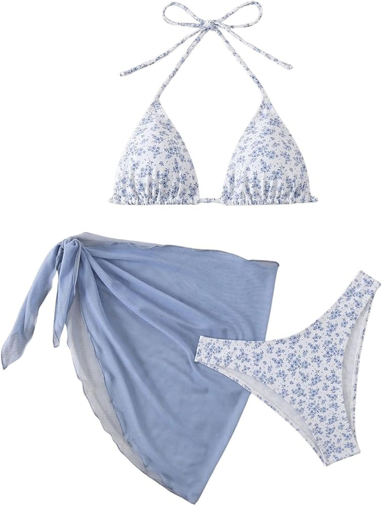 GORGLITTER Damen Bikini Set 3 Teiliger Bikini-Sets mit Blumenmuster Neckholder Badeanzug mit Cove... | Amazon (DE)