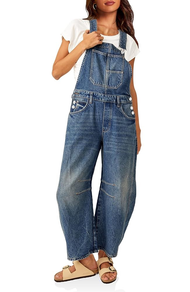 PLNOTME Womens Denim Bib Overalls Barrel Leg Adjustable Strap Jean Pants Jumpsuits with Pockets | Amazon (US)