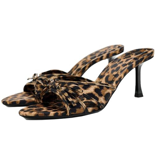 YIYA Women's Leopard Print Mules Heels with Bow Open Round Toe Stiletto High Heels Party Dress Slip On Backless Sandals | Amazon (US)