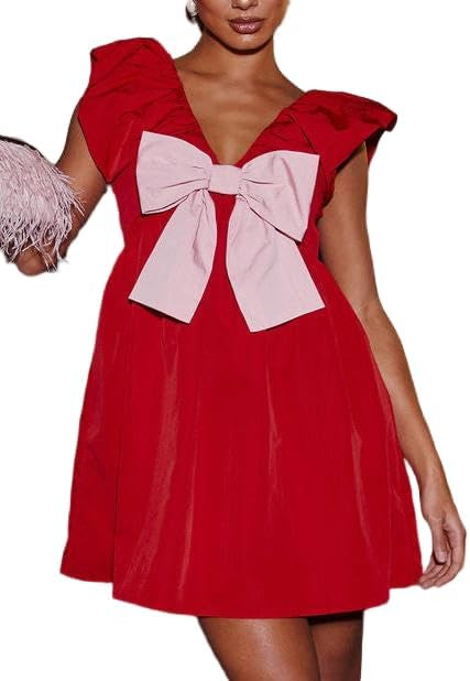 LILTWIST Valentines Heart Babydoll Dress for Women Flutter Sleeve Holiday Mini Dress with Bow Cut... | Amazon (US)
