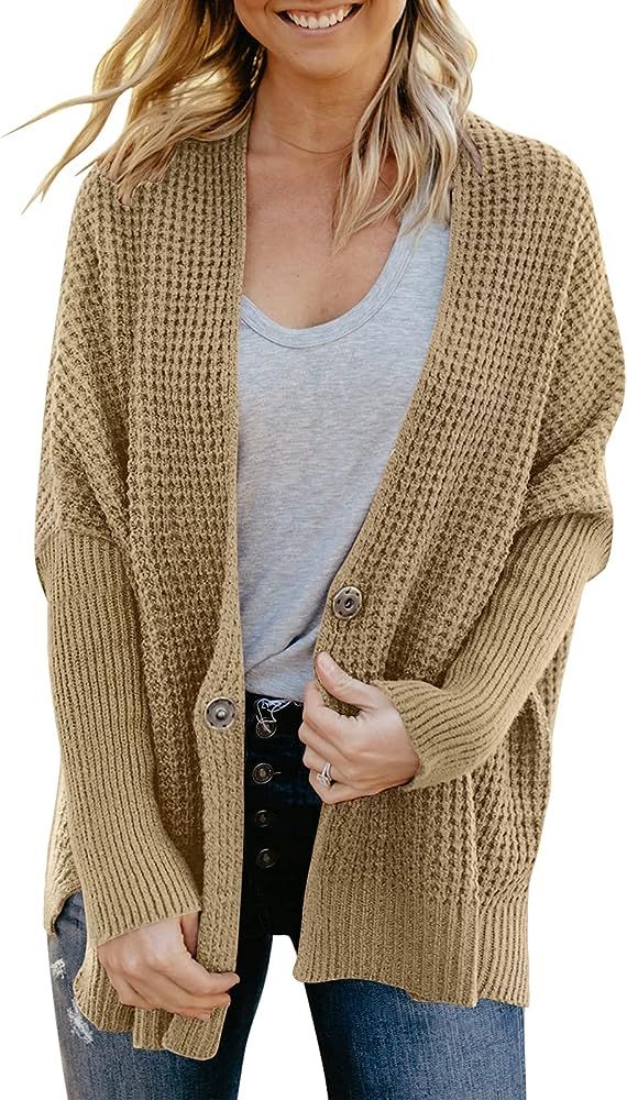ZCSIA Women's Batwing Sleeve Open Front Waffle Knit Button Down Casual Loose Oversized Cardigan Swea | Amazon (US)