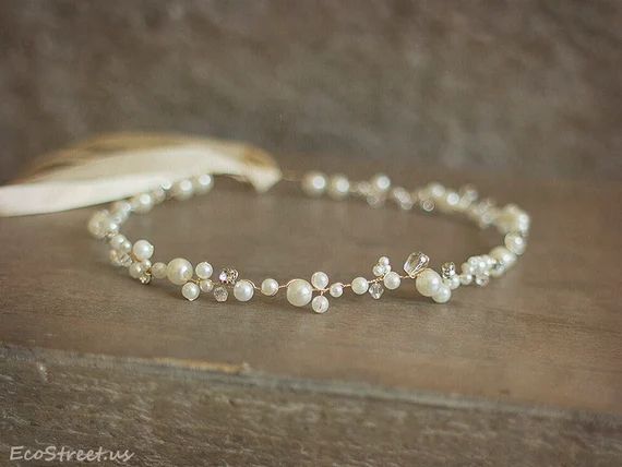 Baby Off White Headband, Gold, Silver Ivory Pearl Crown, Baby Tieback, Baptism Headband, Baby Pho... | Etsy (US)