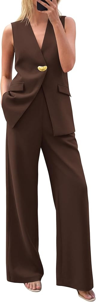 KIRUNDO Women's Two Piece Sets Pants Suits Dressy Business Casual Outfits Sleeveless Blazer Vest ... | Amazon (US)