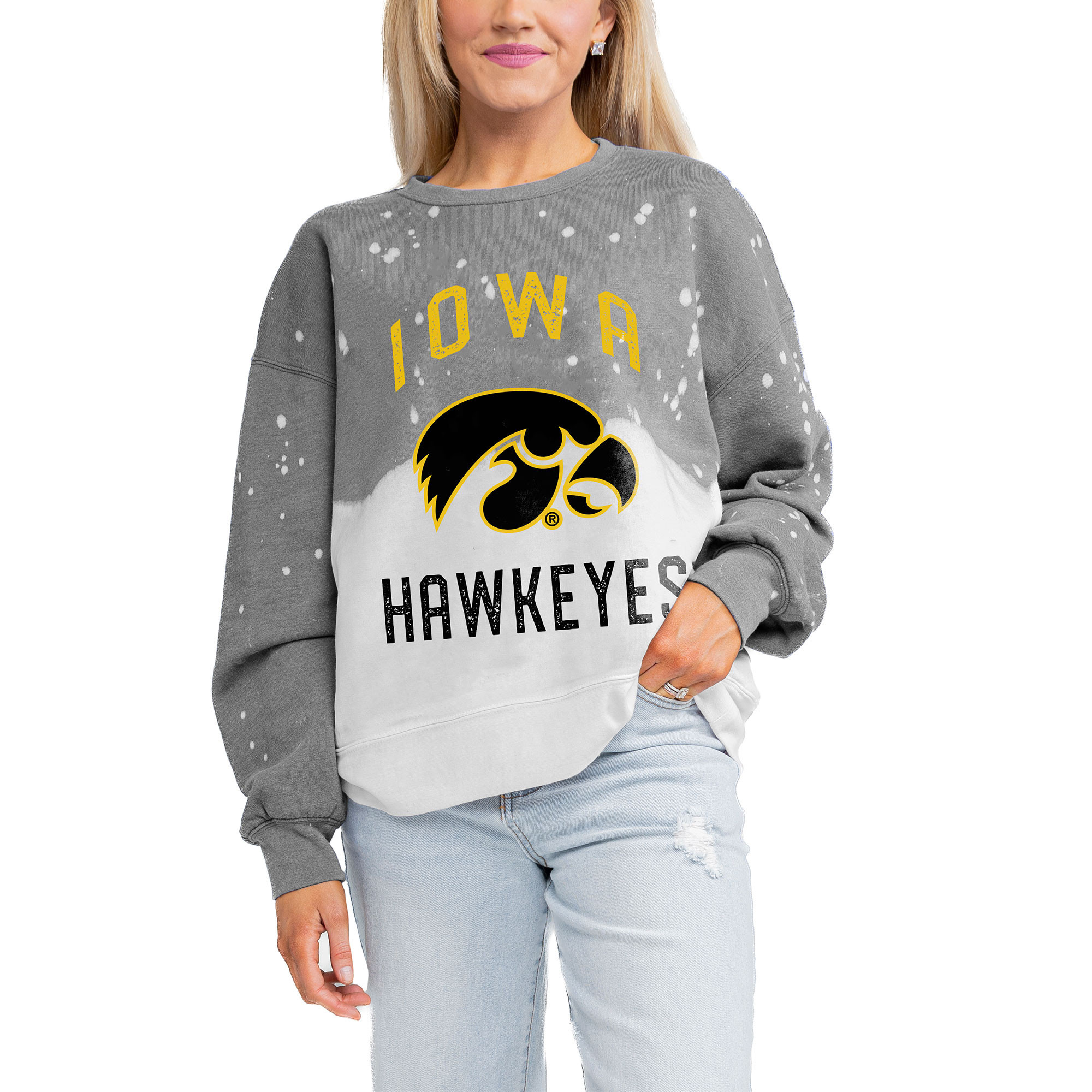Women's Gameday Couture Gray Iowa Hawkeyes Twice As Nice Faded Crewneck Sweatshirt | Fanatics