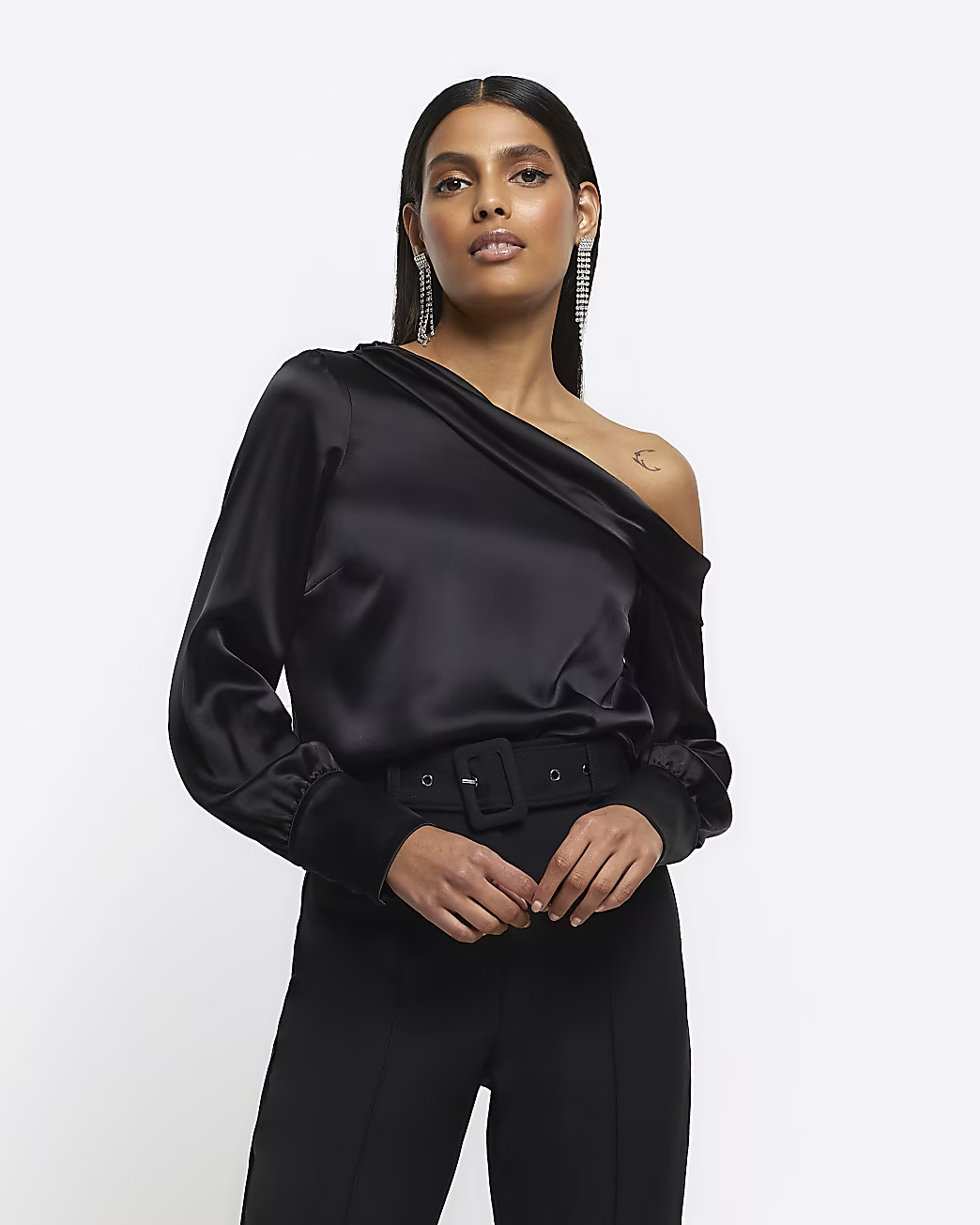 Black satin off shoulder top | River Island (UK & IE)