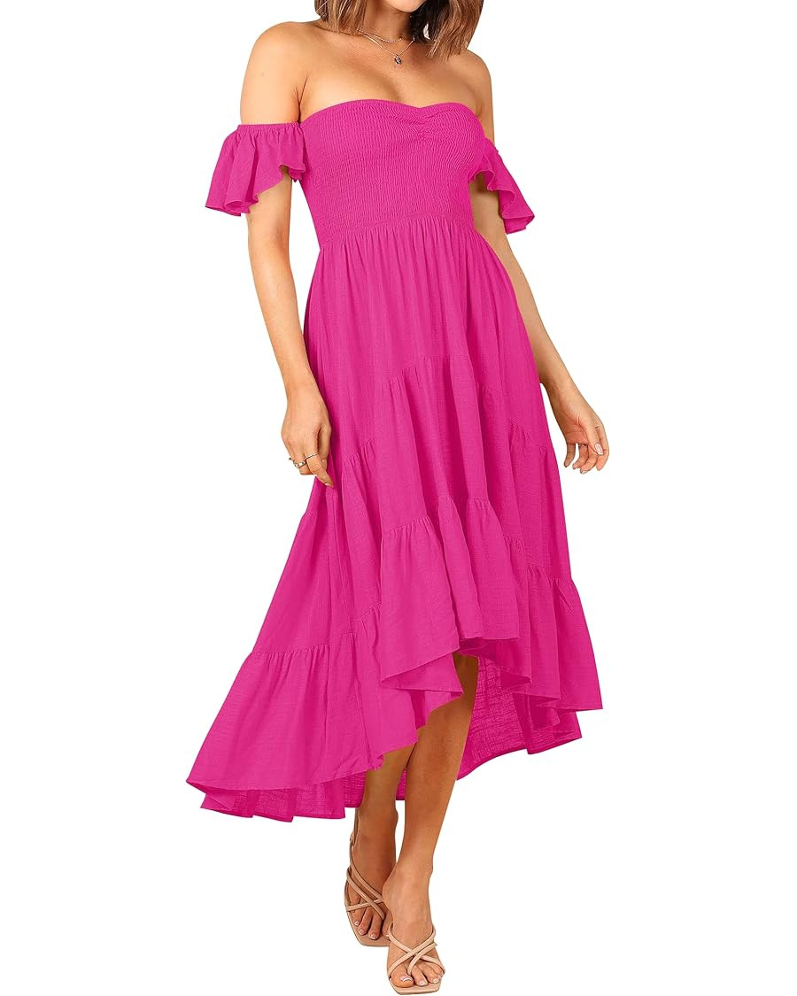 ZESICA Women's 2023 Summer Boho Off Shoulder Short Sleeve Smocked Ruffle Swing High Low Mermaid C... | Amazon (US)