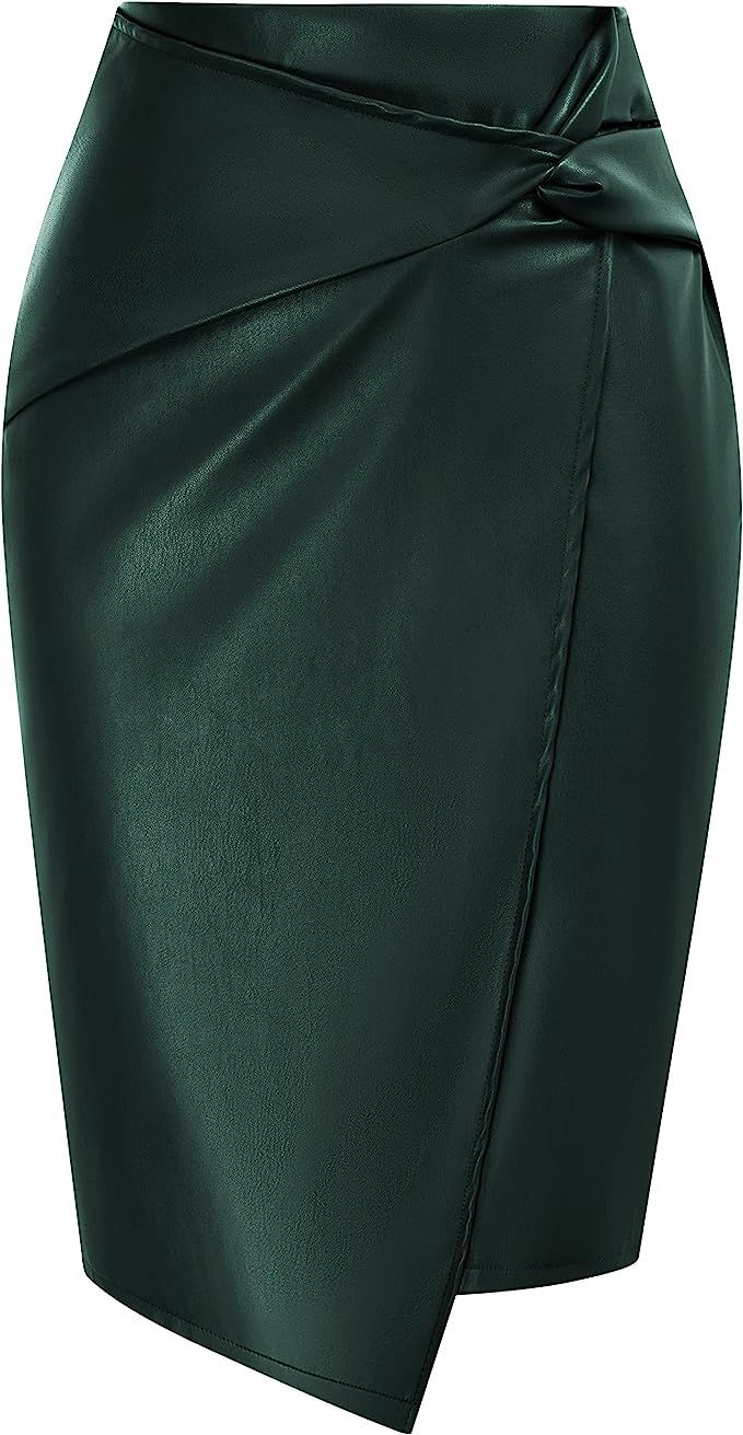 Kate Kasin Women's Business Casual Leather Pencil Skirt Zip-up Knee Length Side Wrap Knot High Wa... | Amazon (US)