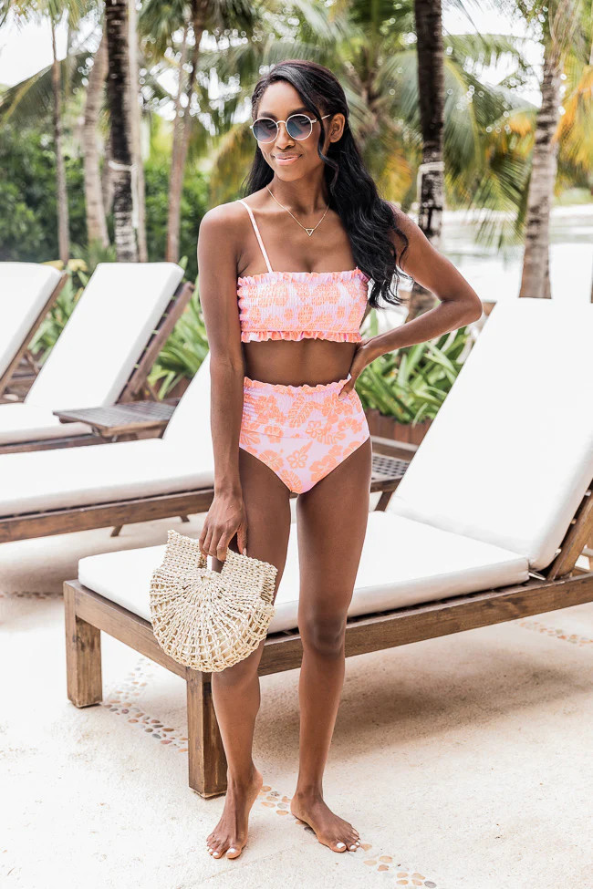 Island Escape Pink/Orange Smocked Bikini Bottoms | The Pink Lily Boutique
