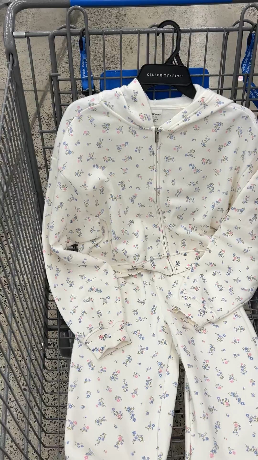 Walmart fleece zip hoodie and matching jogger pants set in a pretty for spring floral.