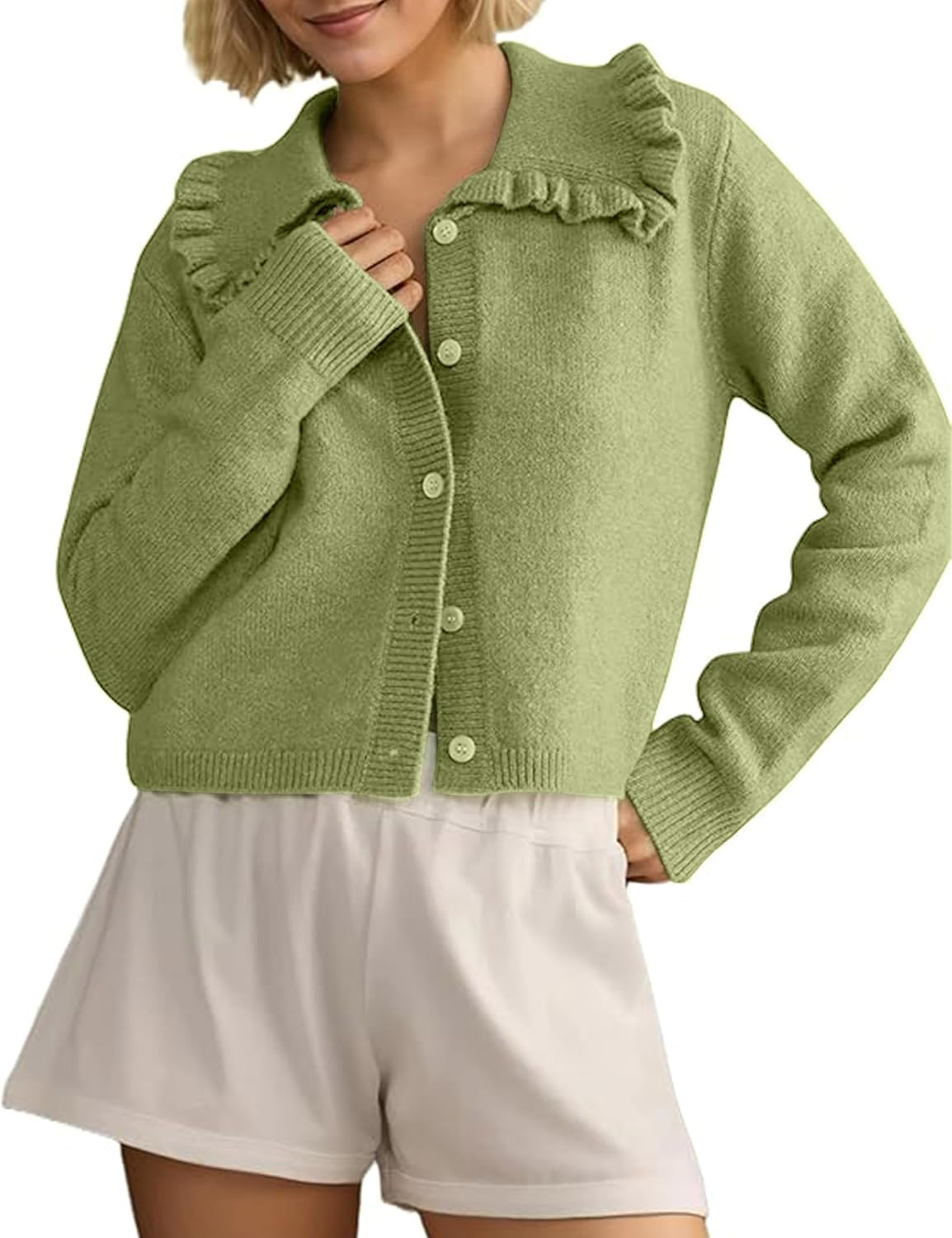 Womens Ruffle Cropped Sweater Open Front Outerwear Elegant Long Sleeve Knitted Cardigan Solid Button Jacket Fall Tops | Amazon (US)