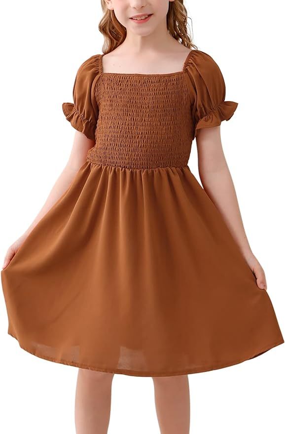 GORLYA Girls Puff Sleeve Square Neck Boho Frilly Smocked Shirred Flared Midi Dress 4-14T | Amazon (US)