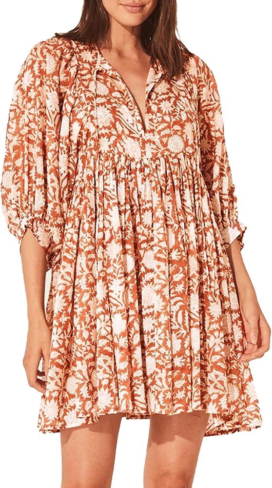 Women’s Boho Floral Short Dress: Summer Cute Puff Sleeve - Casual V Neck A Line Tops - Flowy Mi... | Amazon (US)