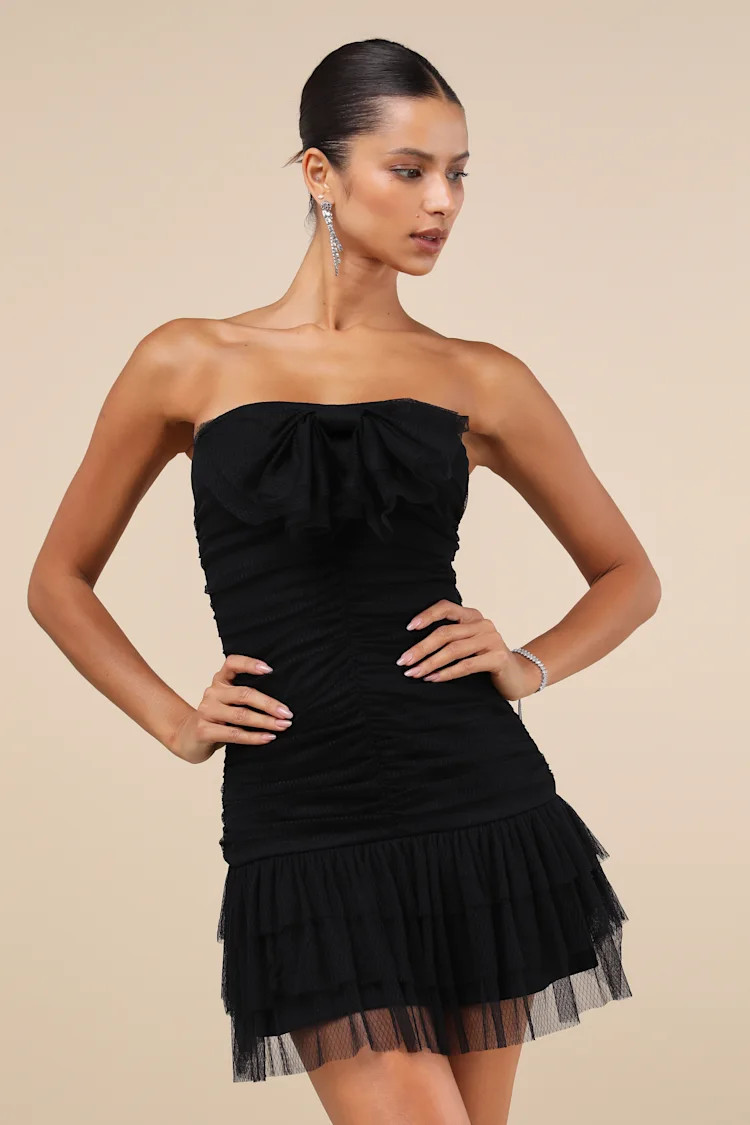Picture-Perfect Persona Black Mesh Bow Ruched Mini Dress | Lulus