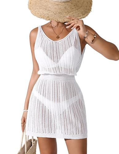 BreathSunny Womens Crochet Knit Long Sleeve Swimsuit Coverup Spring Summer 2025 Sleeveless Swimwear Coverups Beach Swim Bikini Bathing Suit Cover Up Dress for Women Mesh Cover Ups Dresses White M | Amazon (US)