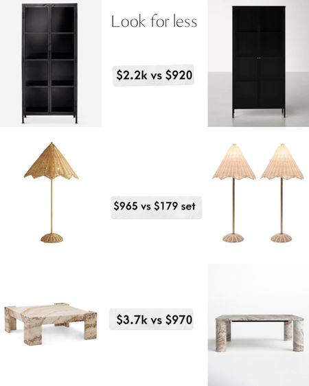 The look for less on a curio cabinet, rattan lamp and marble coffee table. 