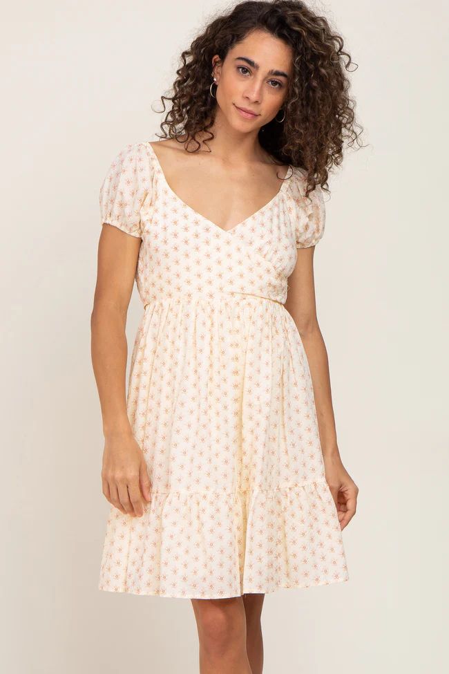 Cream Floral Wrap Puff Sleeve Dress | PinkBlush Maternity