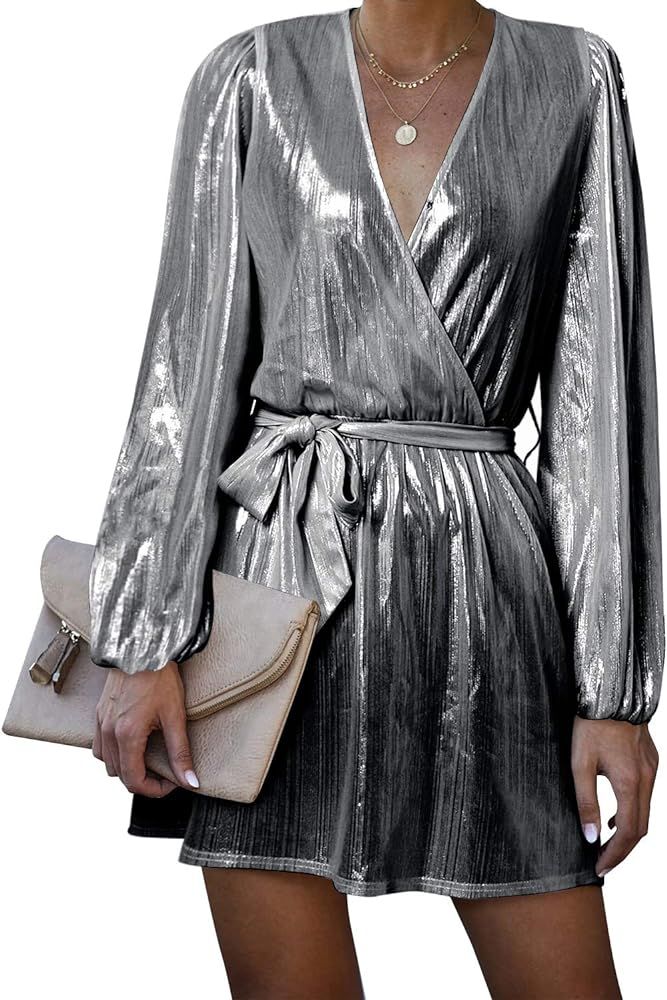 YOINS Women's Long Sleeve Metallic Sequin Mini Dress V Neck Sparkle Glitter Party Club Dress | Amazon (US)