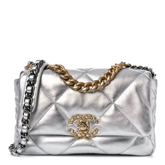 CHANEL Metallic Goatskin Quilted Medium Chanel 19 Flap Silver | FASHIONPHILE (US)