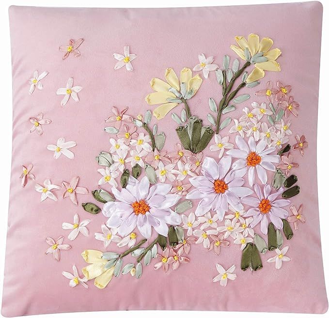 GRANDDECO Spring Throw Pillow Covers with Embroidered Daisy Flower and Leaves Daily Home Decorati... | Amazon (US)
