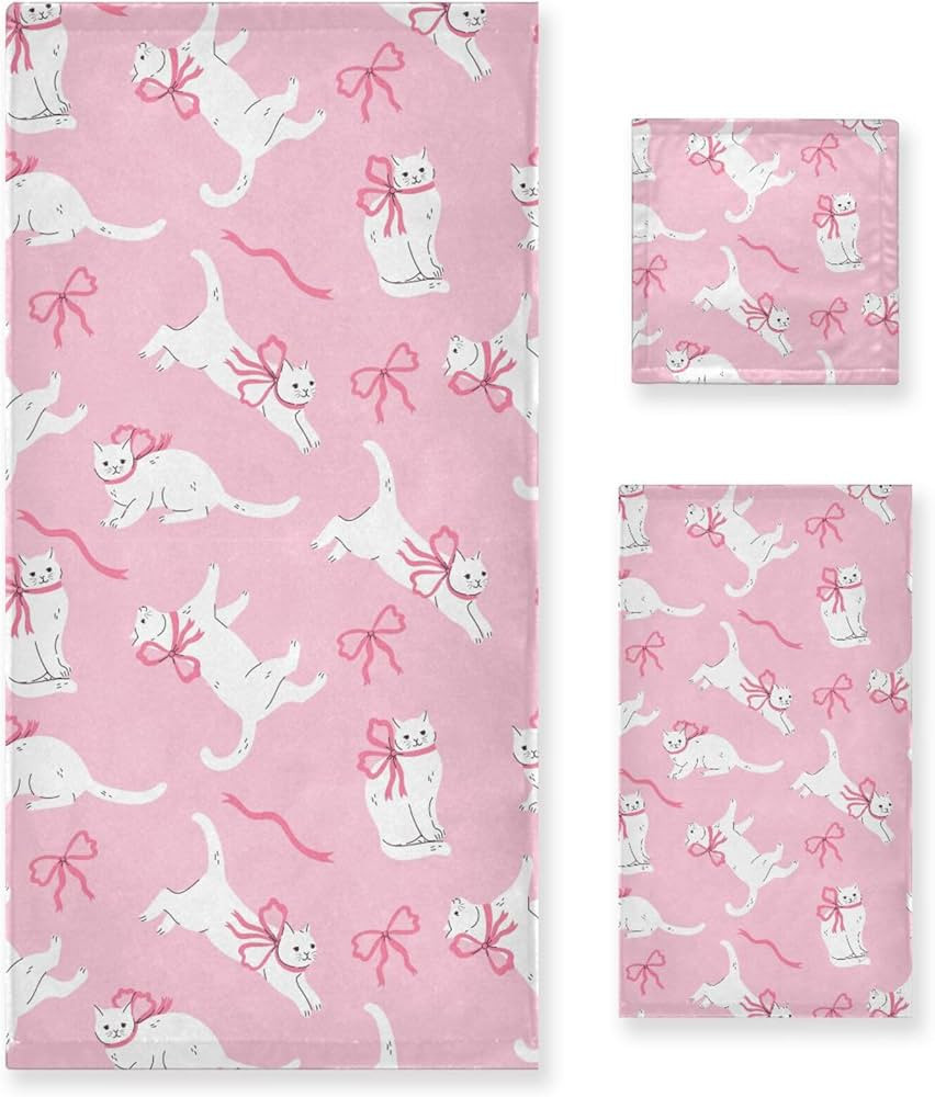 White Cats Pink Bows Bathroom Towel Set of 3 Pcs Hand Fingertip Bath Towels for Home Bathroom Hot... | Amazon (US)