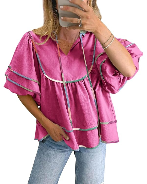 Cicy Bell Womens Summer Babydoll Tops V Neck Short Lantern Sleeve Shirts Cute Loose Fit Peplum Fl... | Amazon (US)