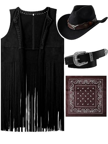Hercicy Western Outfits for Women Cowgirl Tassel Sleeveless Vest Cowboy Hat Belt and Paisley Bandana for Halloween Dress Up (Black, Medium) | Amazon (US)