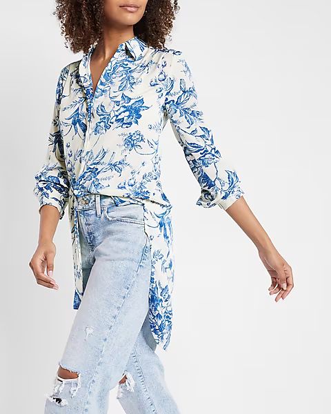 Tunic Pleated Shoulder Floral Print Button Up Shirt | Express