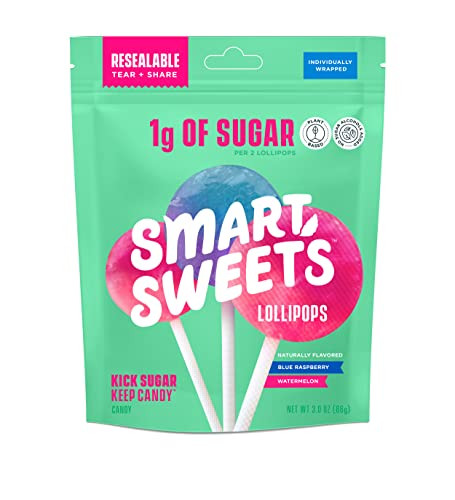 SmartSweets Lollipops, 3oz, Blue Raspberry & Watermelon Flavors, Hard Candy with Low Sugar (1g), Low Calorie (40), No Artificial Sweeteners, Plant-Based, Gluten-Free | Amazon (US)