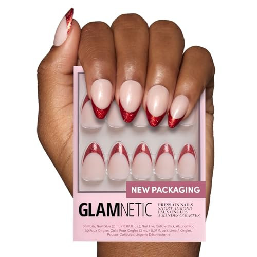 Glamnetic Press On Nails - Red Affair | Short Almond Red Glitter French Tip Nails with a Glossy Finish | 15 Sizes - 30 Nail Kit with Glue | Amazon (US)