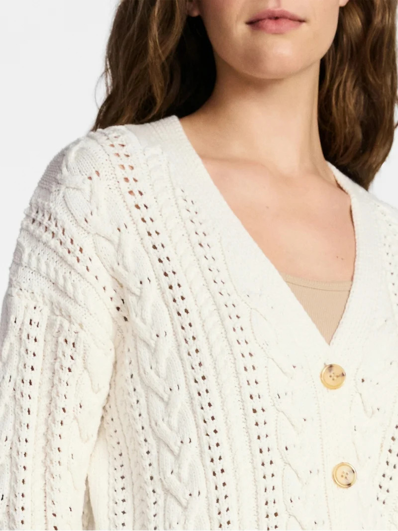 Time and Tru Women's Cable Knit Cardigan Sweater with Long Sleeves, Lightweight, Sizes XS-XXXL | Walmart (US)