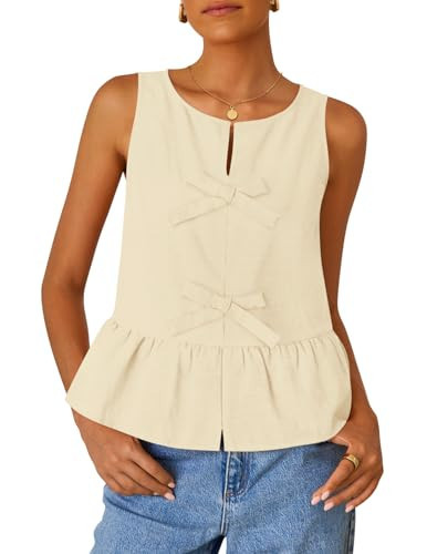 ZESICA Women's Summer Sleeveless Tank Tops Crewneck Tie Front Loose Flowy Ruffle Peplum Babydoll Blouses,Apricot,Large | Amazon (US)