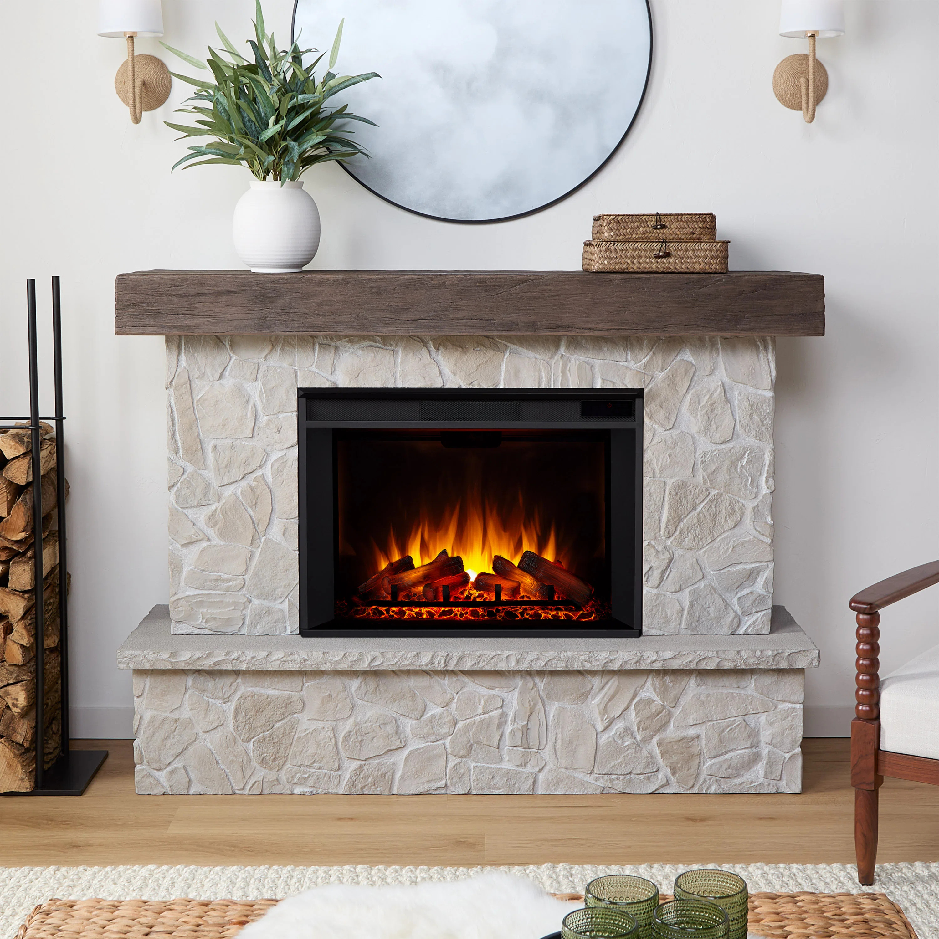 Real Flame Odette 64" Grand Electric Fireplace, Natural Look of Stacked Stone | Wayfair North America