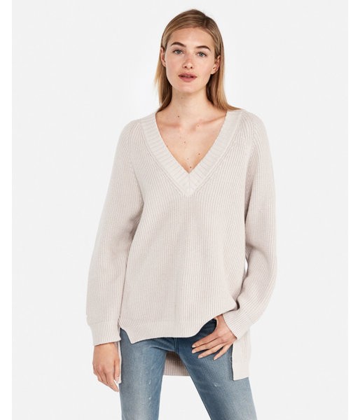 Express Womens Oversized Deep V-Neck Tunic Sweater Neutral Women's Xxs Neutral Xxs | Express