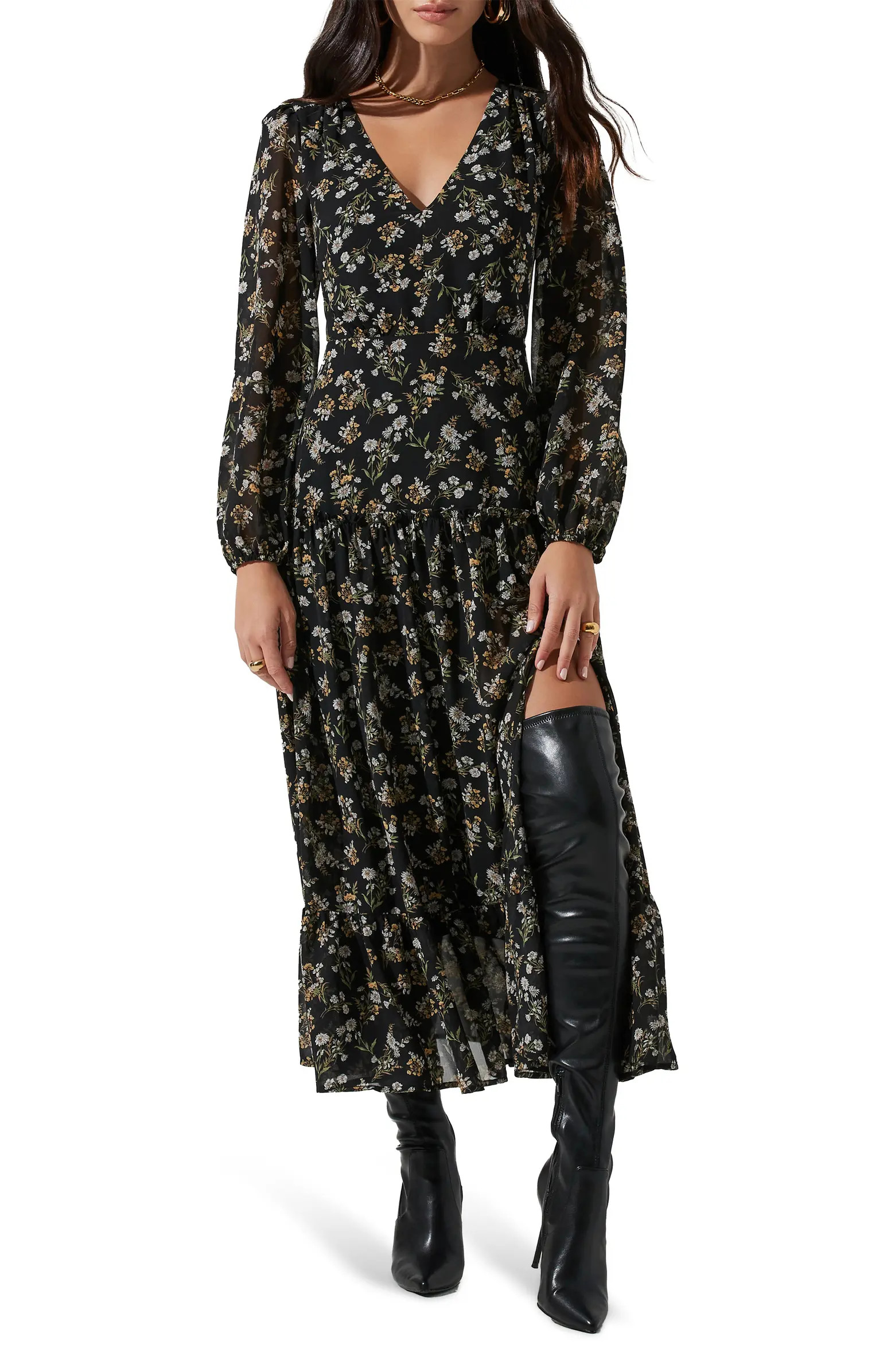 ASTR V-Neck Long Sleeve Slit Print Dress | Nordstromrack | Nordstrom Rack