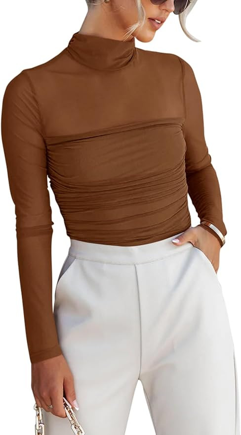 REORIA Women’s Trendy Sexy Mock Turtle Neck Long Sleeve Sheer Mesh Ruched Going Out Bodysuits T... | Amazon (US)