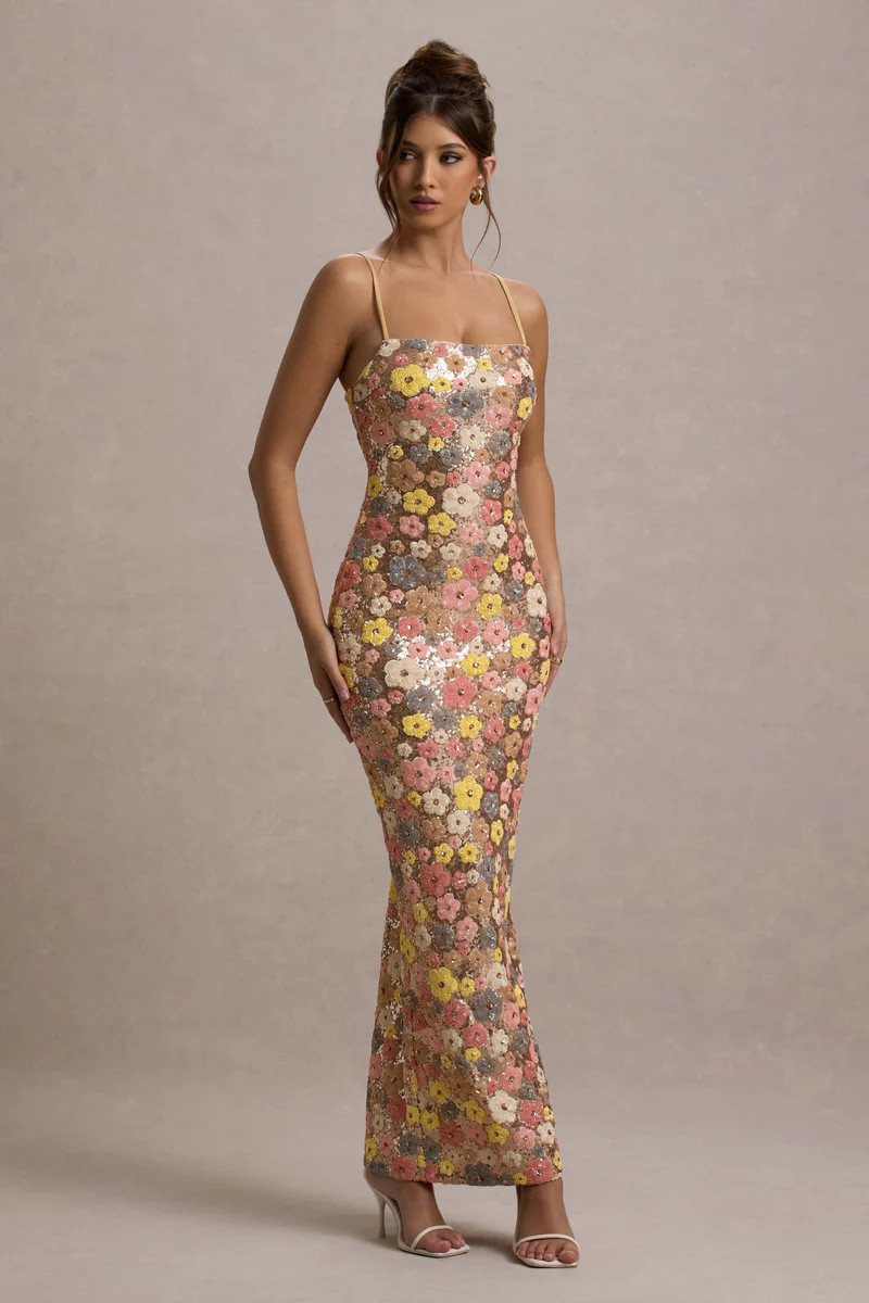 Vitora  Floral Print Sequin Square-Neck Maxi Dress | Club L London
