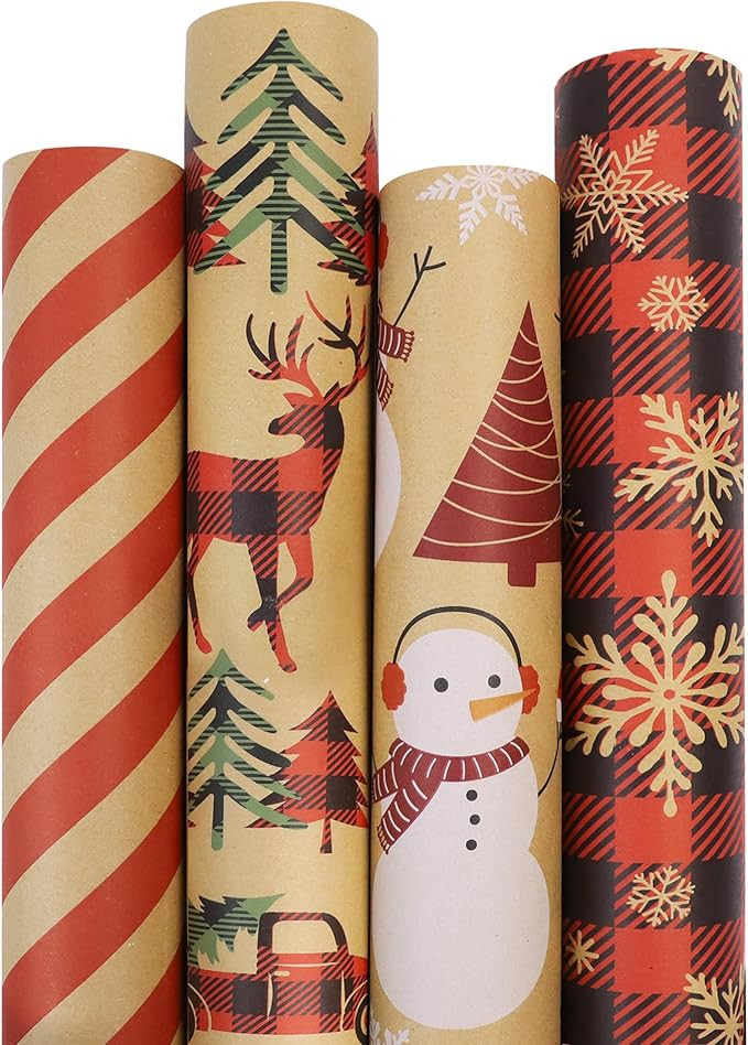 17 inch Vintage Christmas Kraft Wrapping Paper Roll,4 Rolls Red Brown Christmas Gift Wrapping Pap... | Amazon (US)
